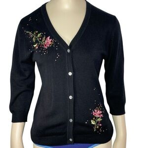La coquette black embroidered floral cardigan sequins V neck sz 8